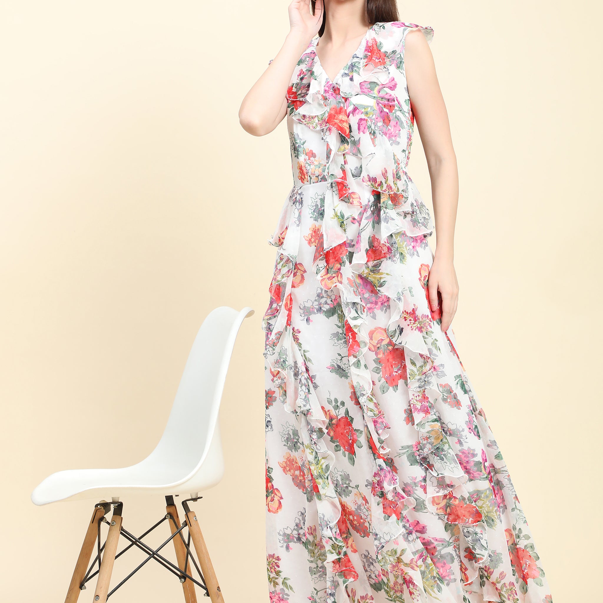 Miracolos White base Floral print Georgette Ruffle Dress - Rent