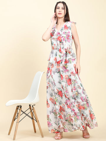 Miracolos White base Floral print Georgette Ruffle Dress - Rent