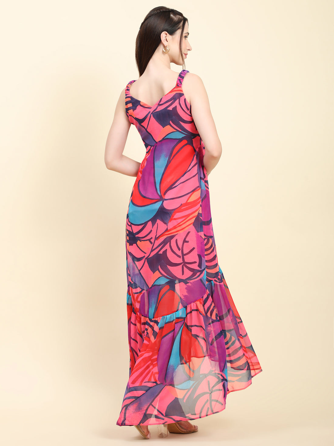 Miracolos Pink base Multicolor print Mermaid Dress with Tie knot at waist - RENT