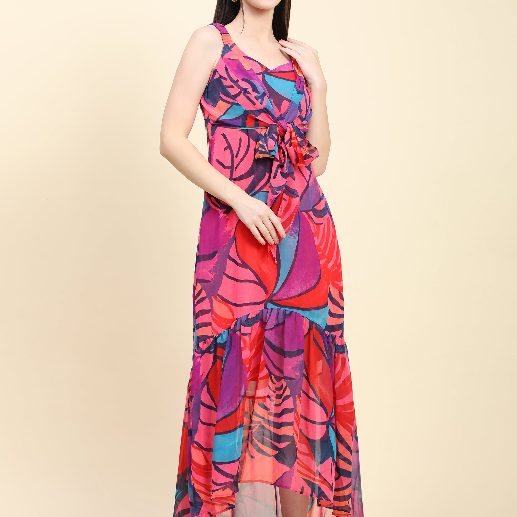 Miracolos Pink base Multicolor print Mermaid Dress with Tie knot at waist - RENT