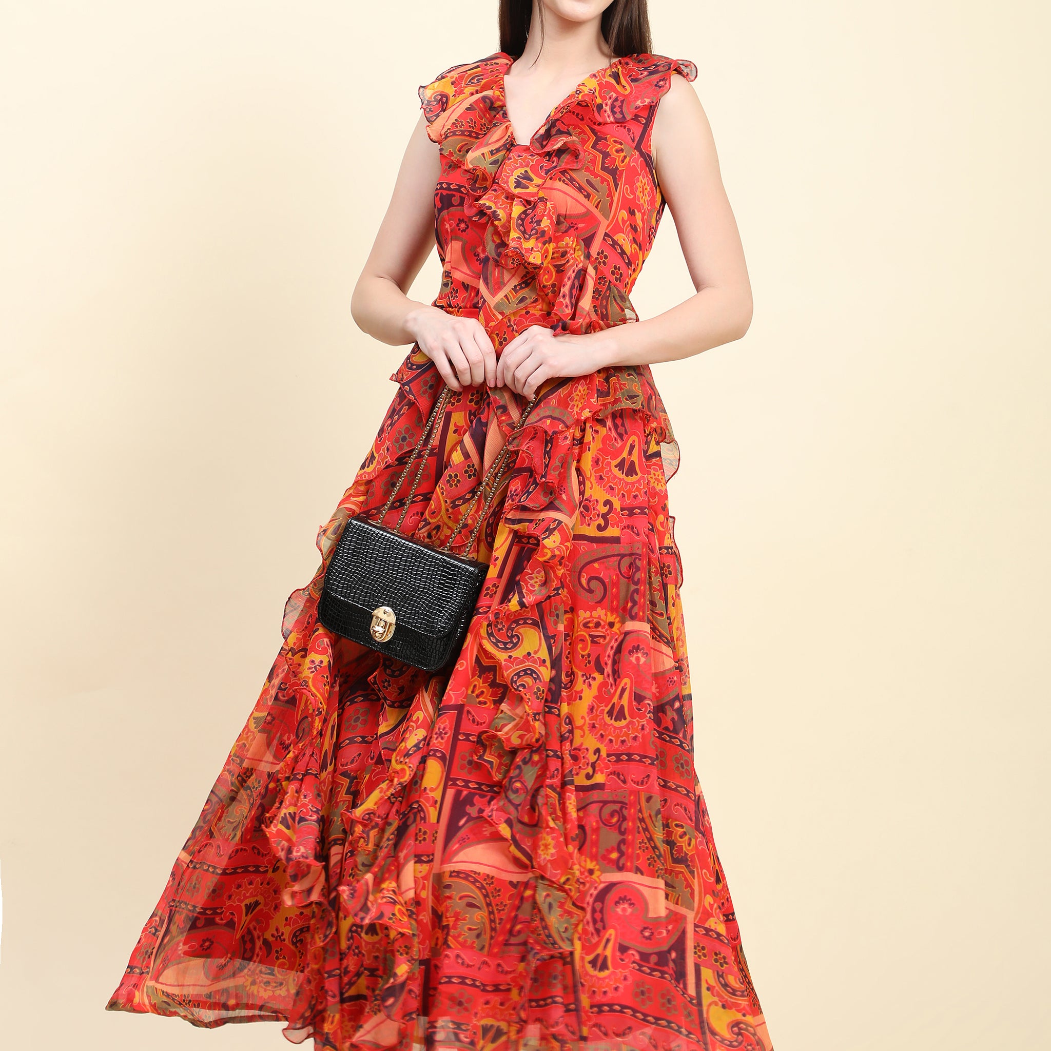 Miracolos Red base Leaf print Georgette Ruffle Dress - Rent