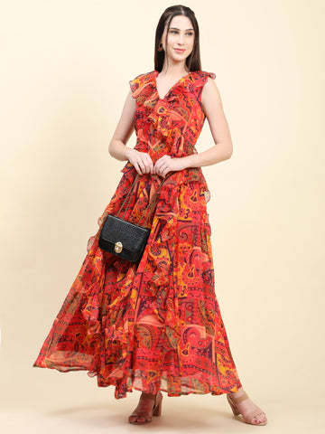 Miracolos Red base Leaf print Georgette Ruffle Dress - Rent