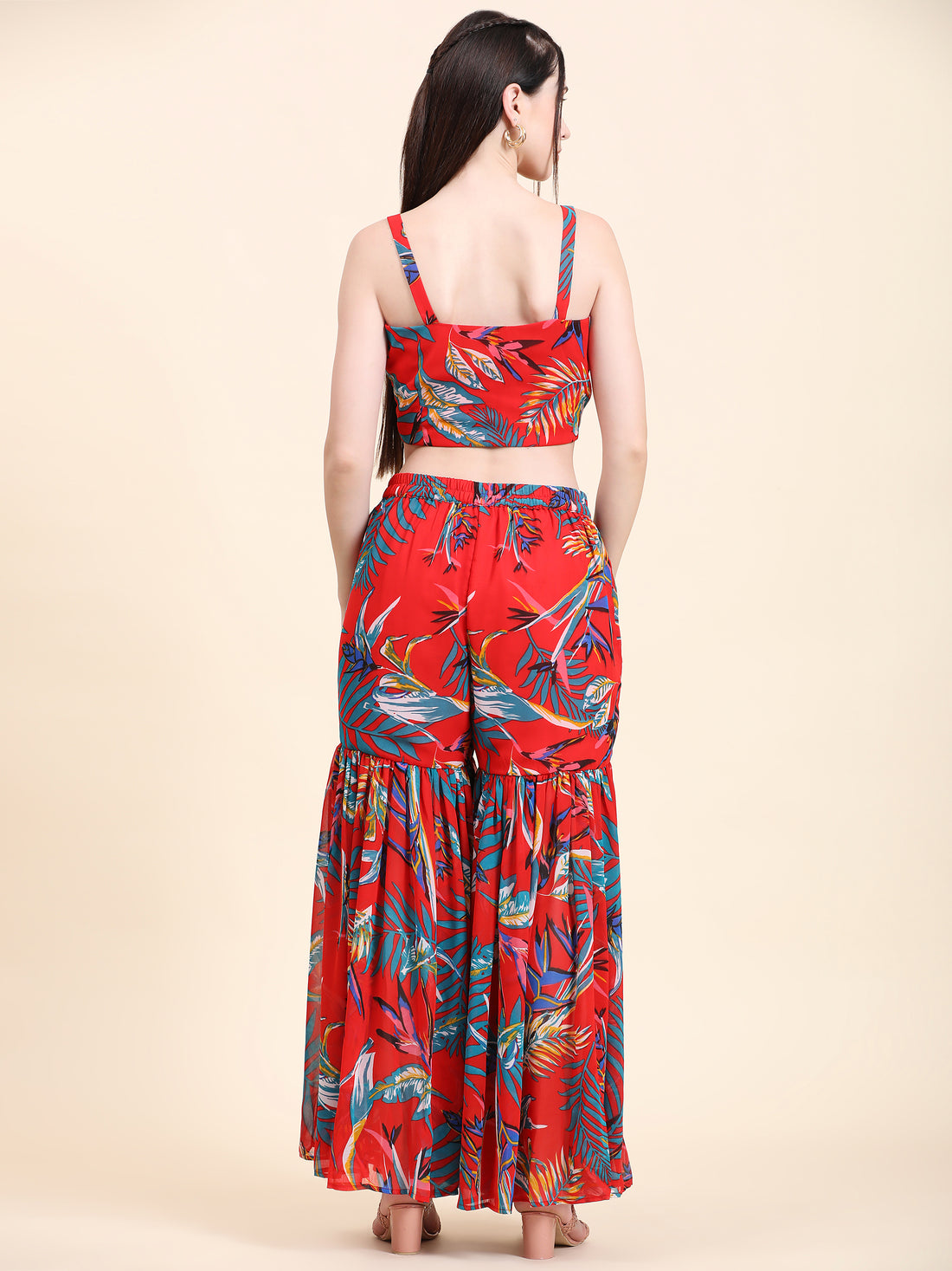 Miracolos Red base Leaf print Georgette Blouse, Garara and Cape set - RENT