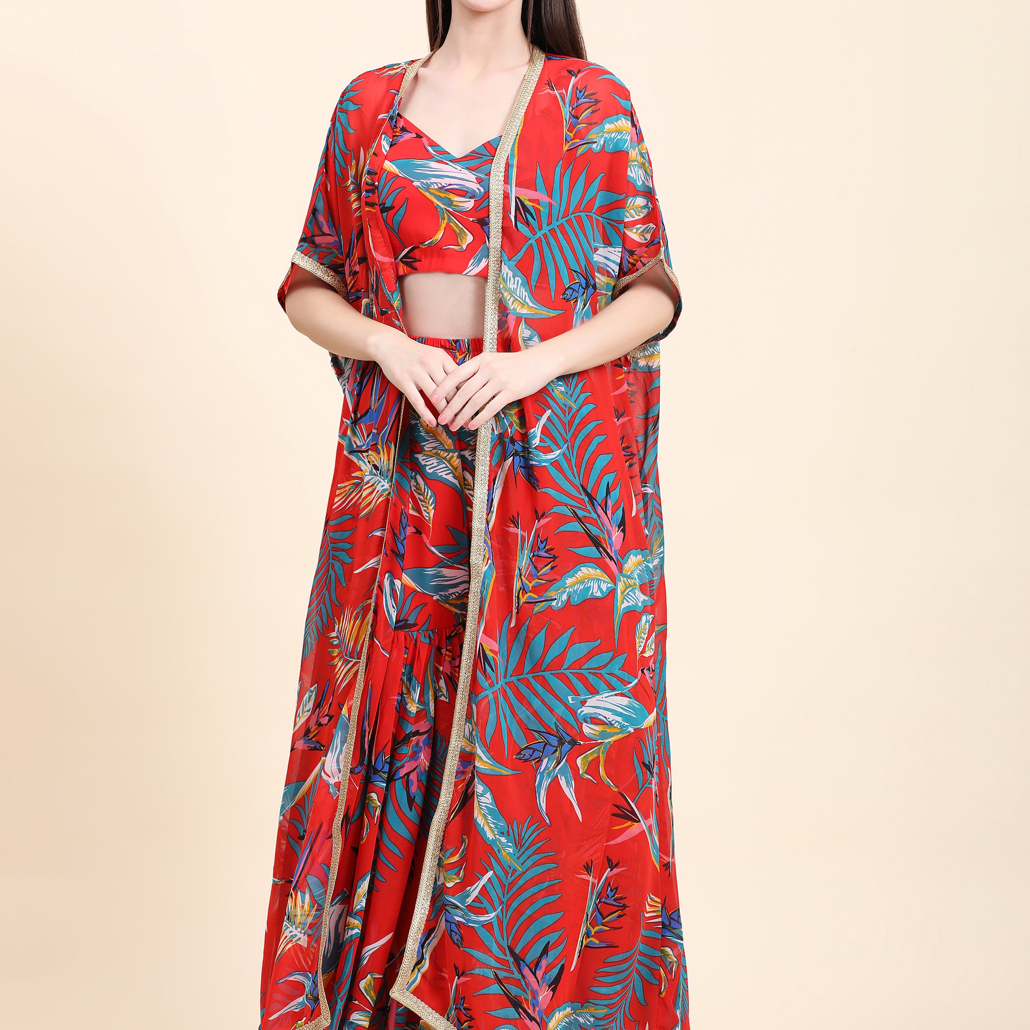 Miracolos Red base Leaf print Georgette Blouse, Garara and Cape set - RENT