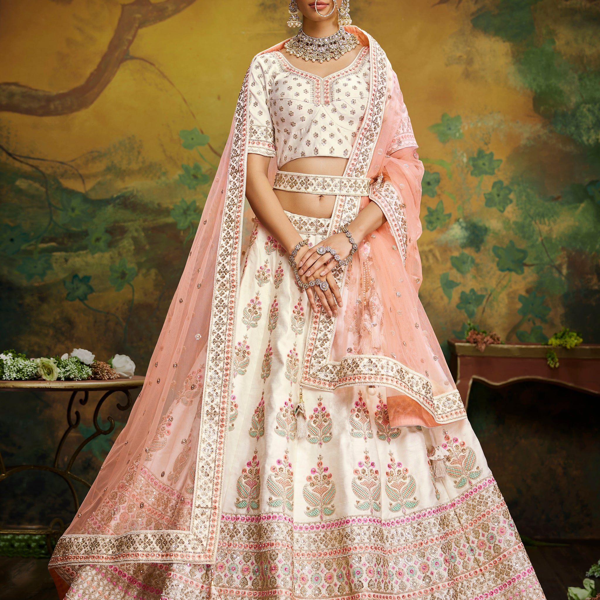 TRENDY DESIGNER OFF WHITE SILK LEHENGA SET - RENT