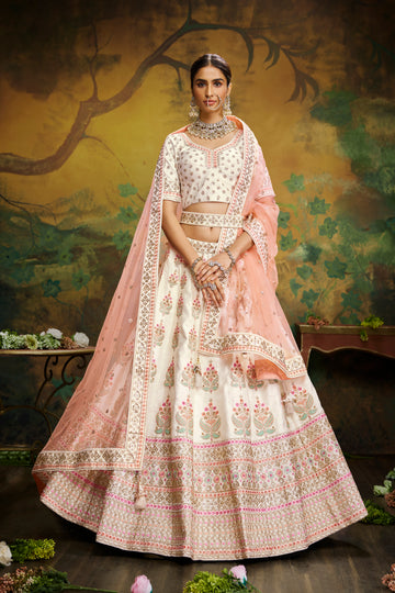 TRENDY DESIGNER OFF WHITE SILK LEHENGA SET - RENT