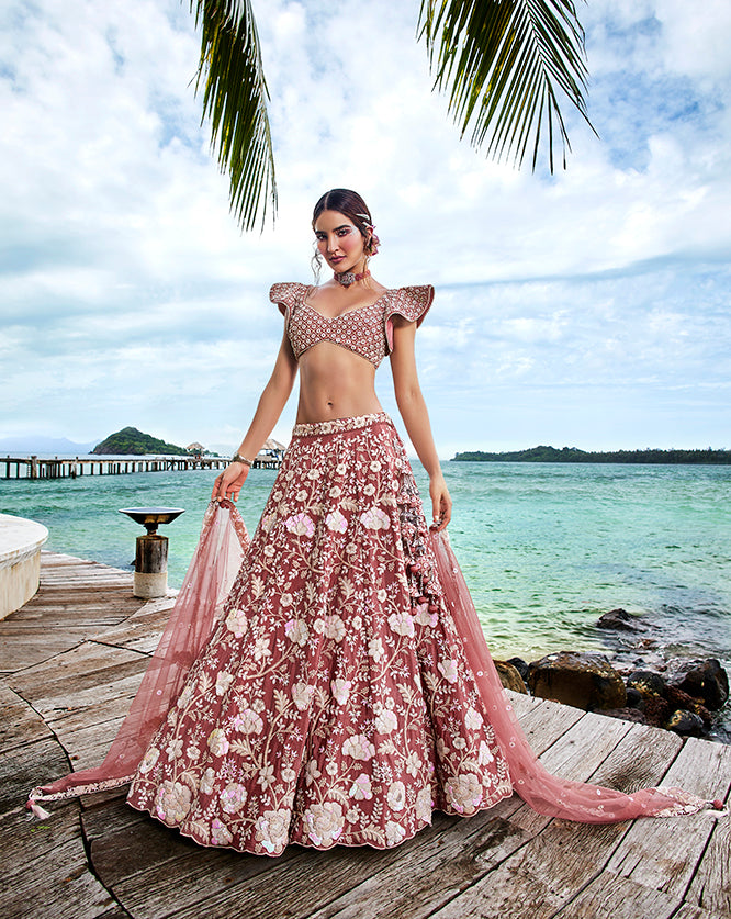 Rose Gold Chinon Sequins and Zarkan embroidery Lehenga Choli & Dupatta - Rent