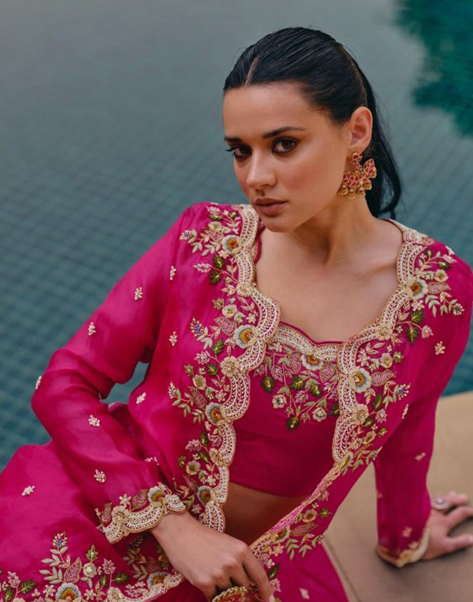 Elegant Pink Embroidered Chinon Silk Georgette Lehenga Blouse with Stylish Jacket