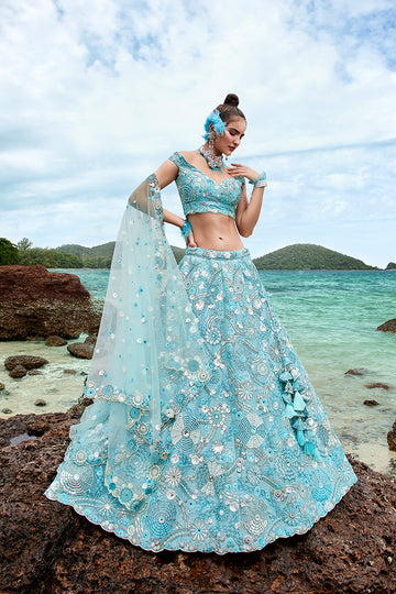 Sky blue Organza Sequins, Zarkan and thread embroidery Semi-Stitched Lehenga choli & Dupatta