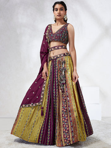 Stunning Wine Multicolor Embroidered Sequin Lehenga Choli Set with Matching Dupatta