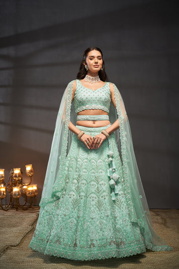 Sea Green Organza Sequins, Zarkan  Lehenga choli & Dupatta - Rent