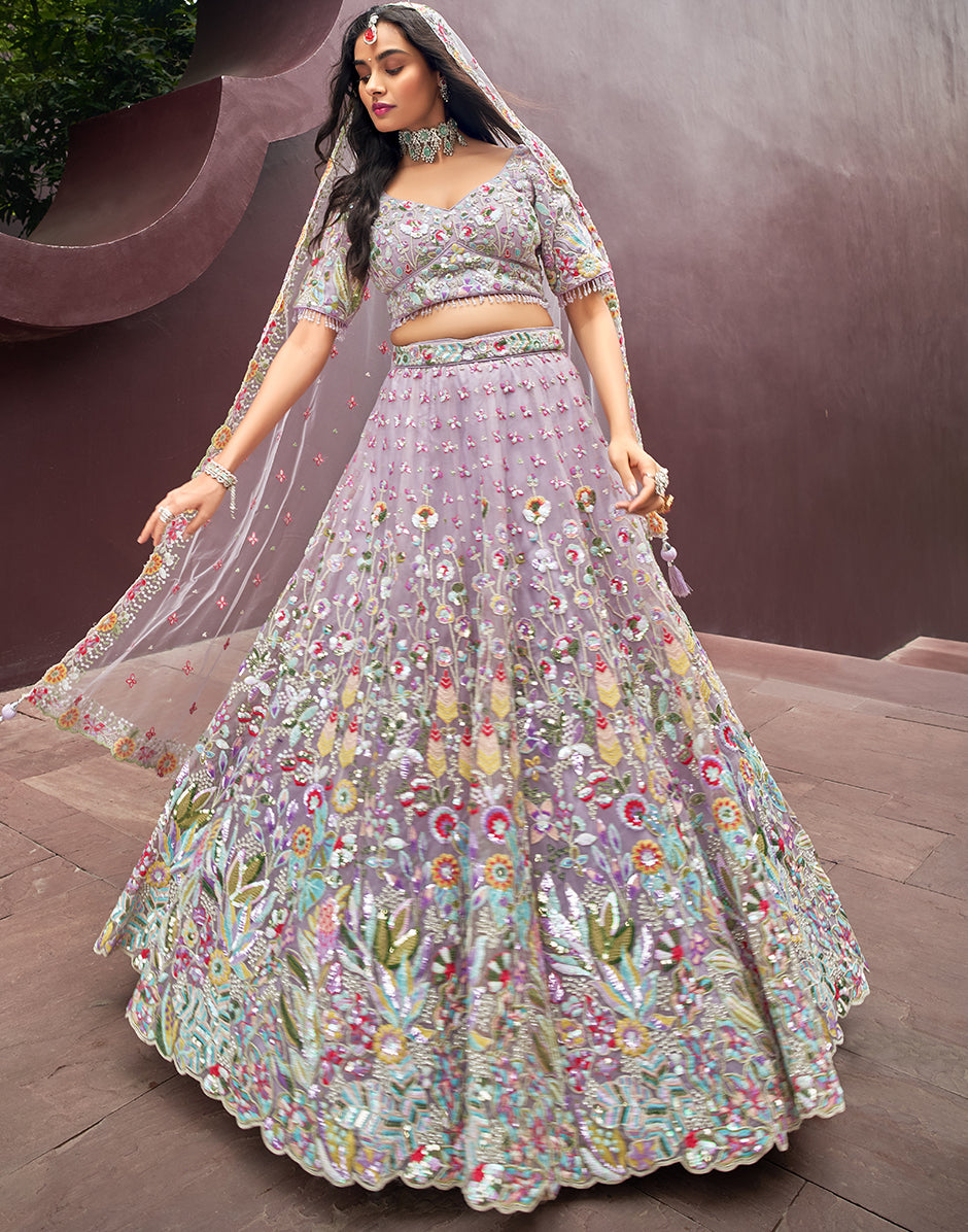 Opulent Mauve Net Lehenga Choli with Zarkan & Heavy Sequin Embroidery and Dupatta