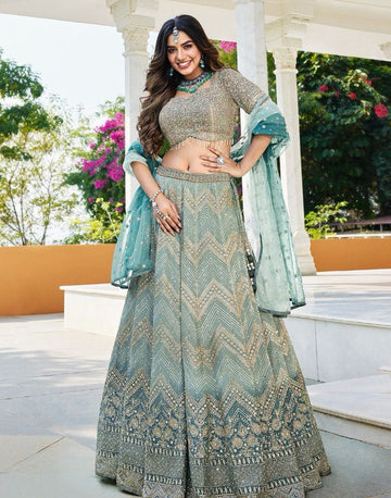 Radiant Teal Embroidered Sequin Lehenga Choli Set with Matching Dupatta