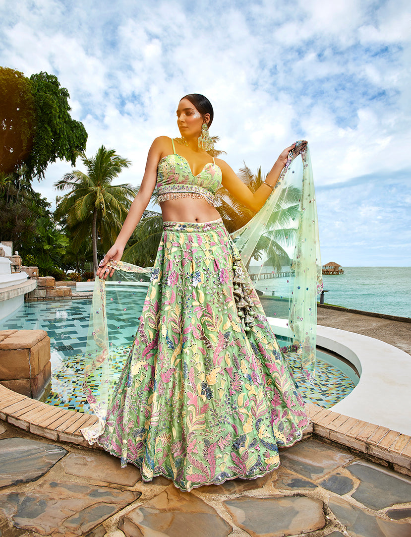 Lime Green Organza Sequins and Mirror Embroidery  Lehenga Choli & Dupatta - Rent