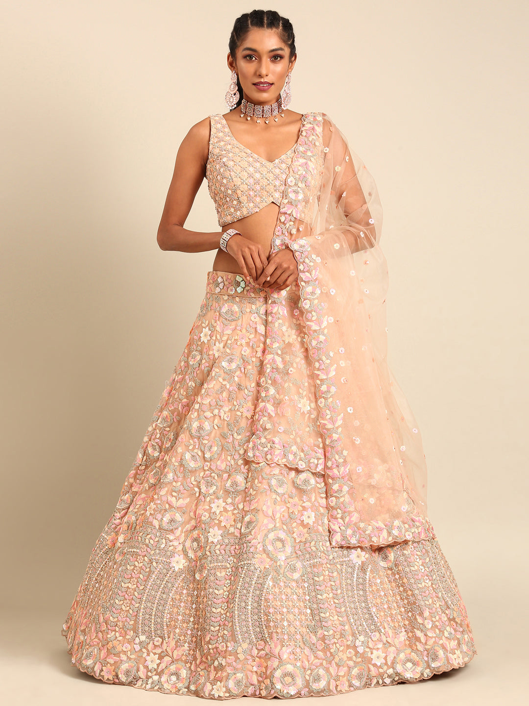 Chic Peach Sequins Embroidered Lehenga Choli with Dupatta