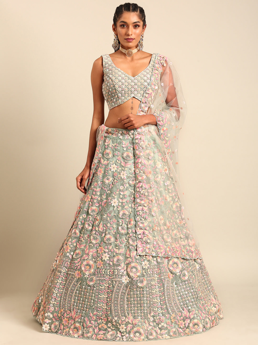 Radiant Sea Green Sequins Embroidered Lehenga Choli with Elegant Dupatta