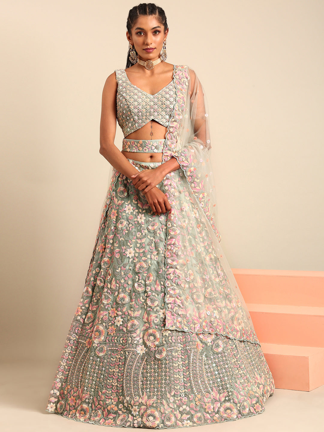 Radiant Sea Green Sequins Embroidered Lehenga Choli with Elegant Dupatta