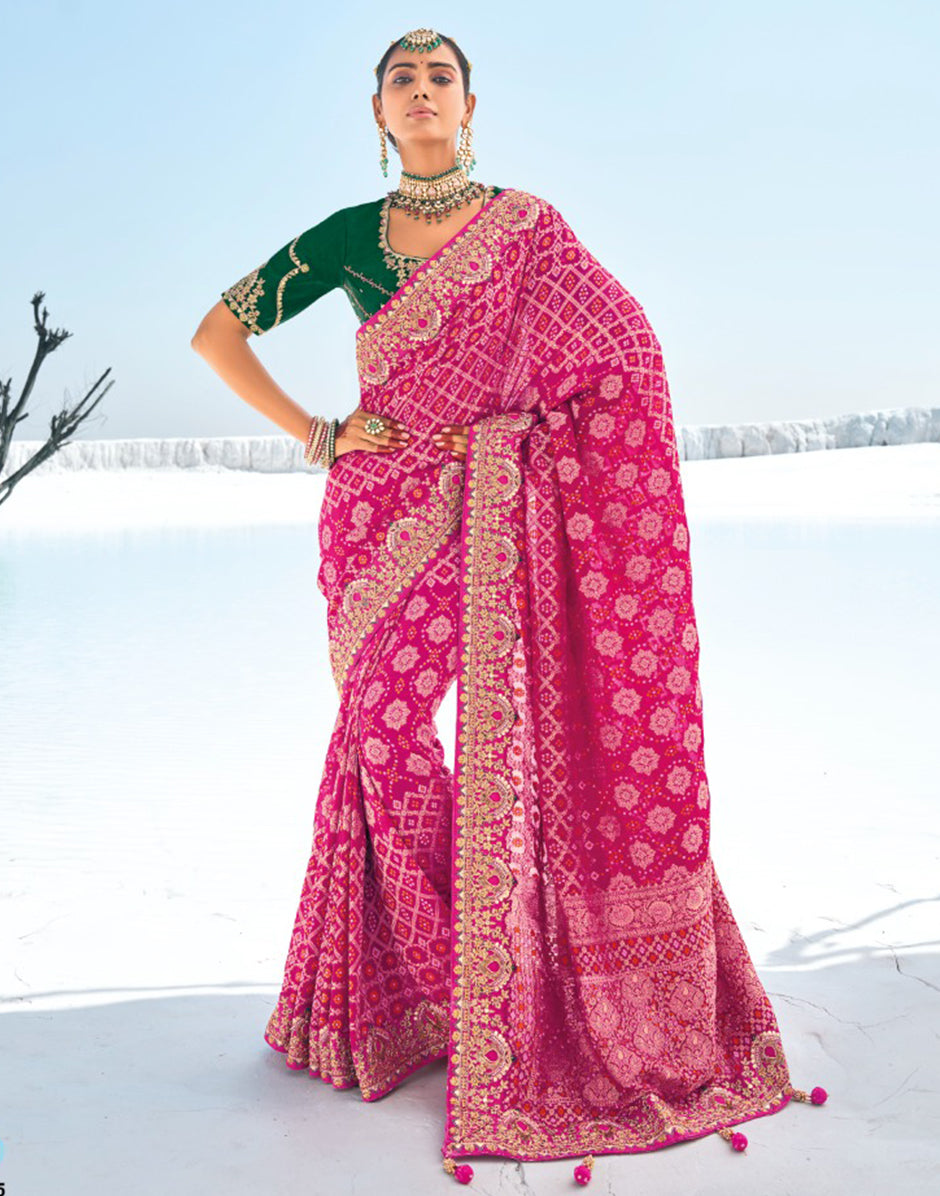 Charming Pink Pure Georgette Bandani Patola Saree with Zari Weaving & Exquisite Heavy Work