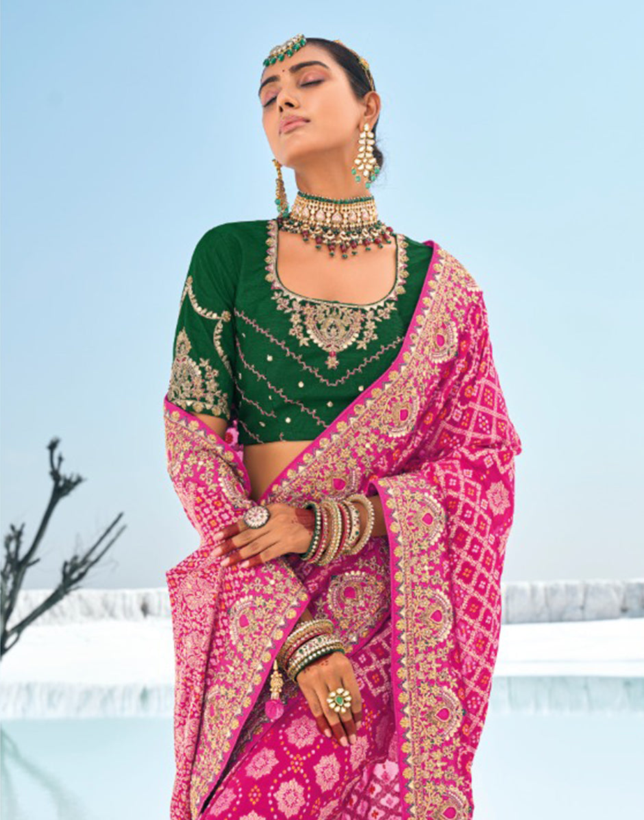 Charming Pink Pure Georgette Bandani Patola Saree with Zari Weaving & Exquisite Heavy Work