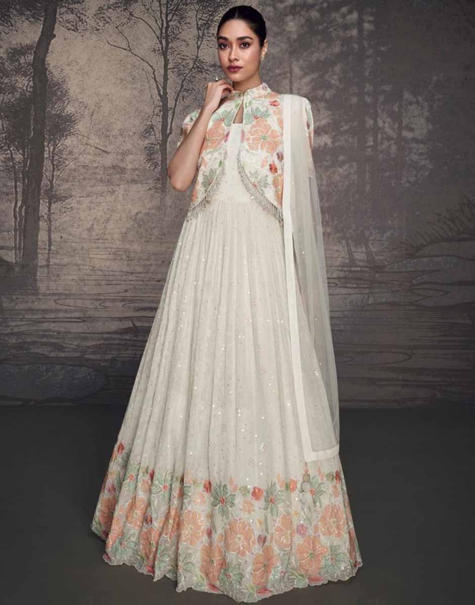 Cream Printed Embroidered Sequins Georgette Gown