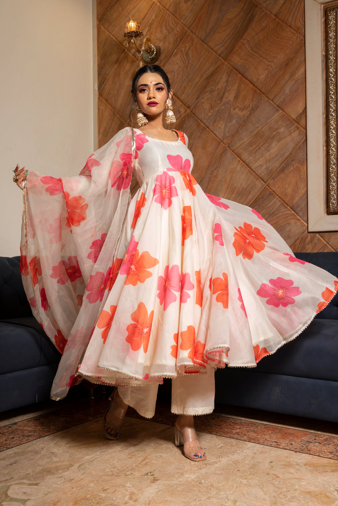 Pomcha Jaipur'S Carnation Off White Anarkali Set - Rent