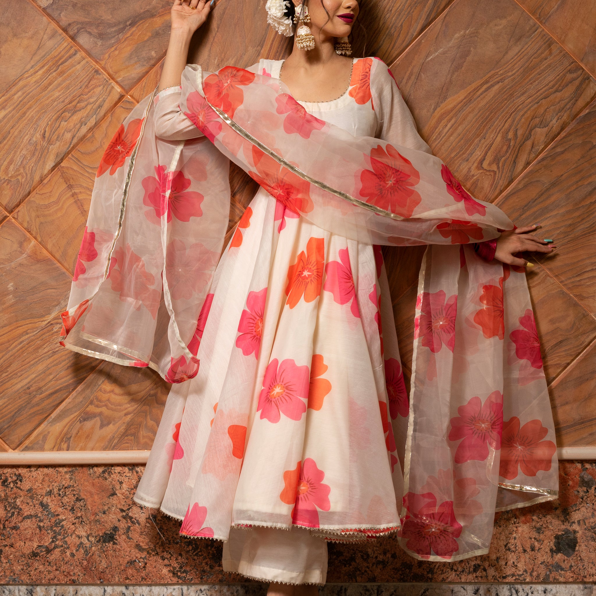 Pomcha Jaipur'S Carnation Off White Anarkali Set - Rent