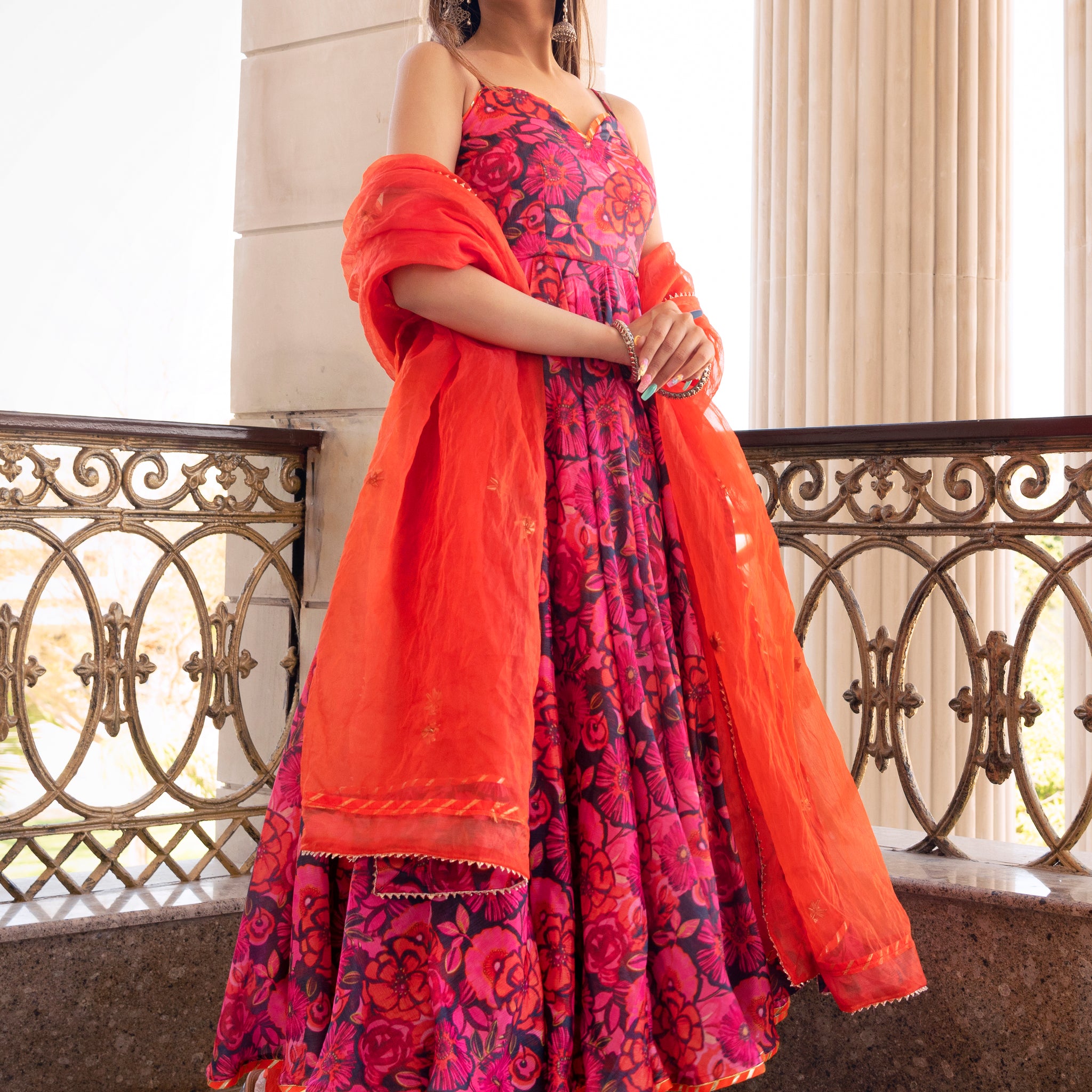 Pomcha Jaipur'S Orange/Pink Floral Anarkali - Rent