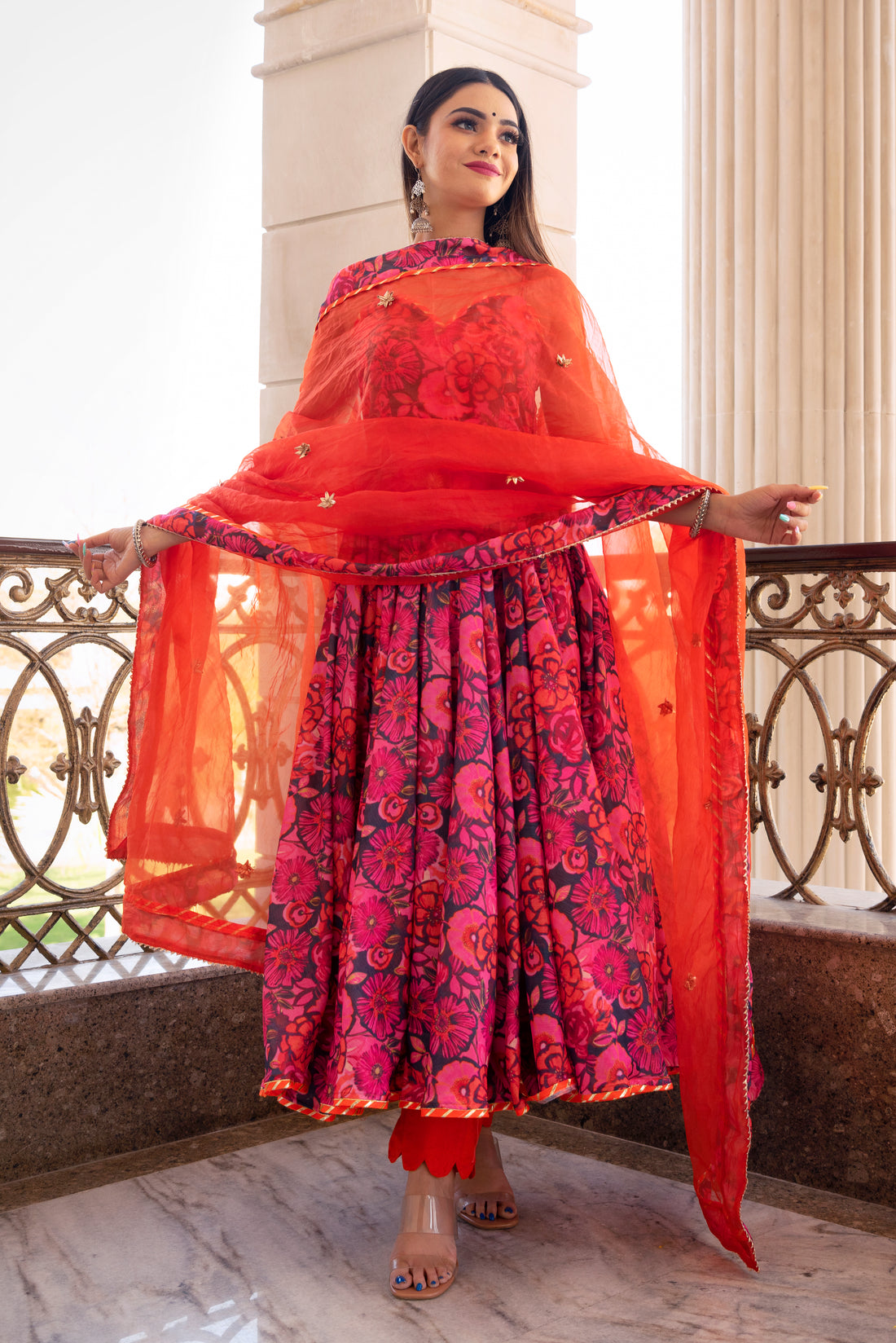 Pomcha Jaipur'S Orange/Pink Floral Anarkali - Rent