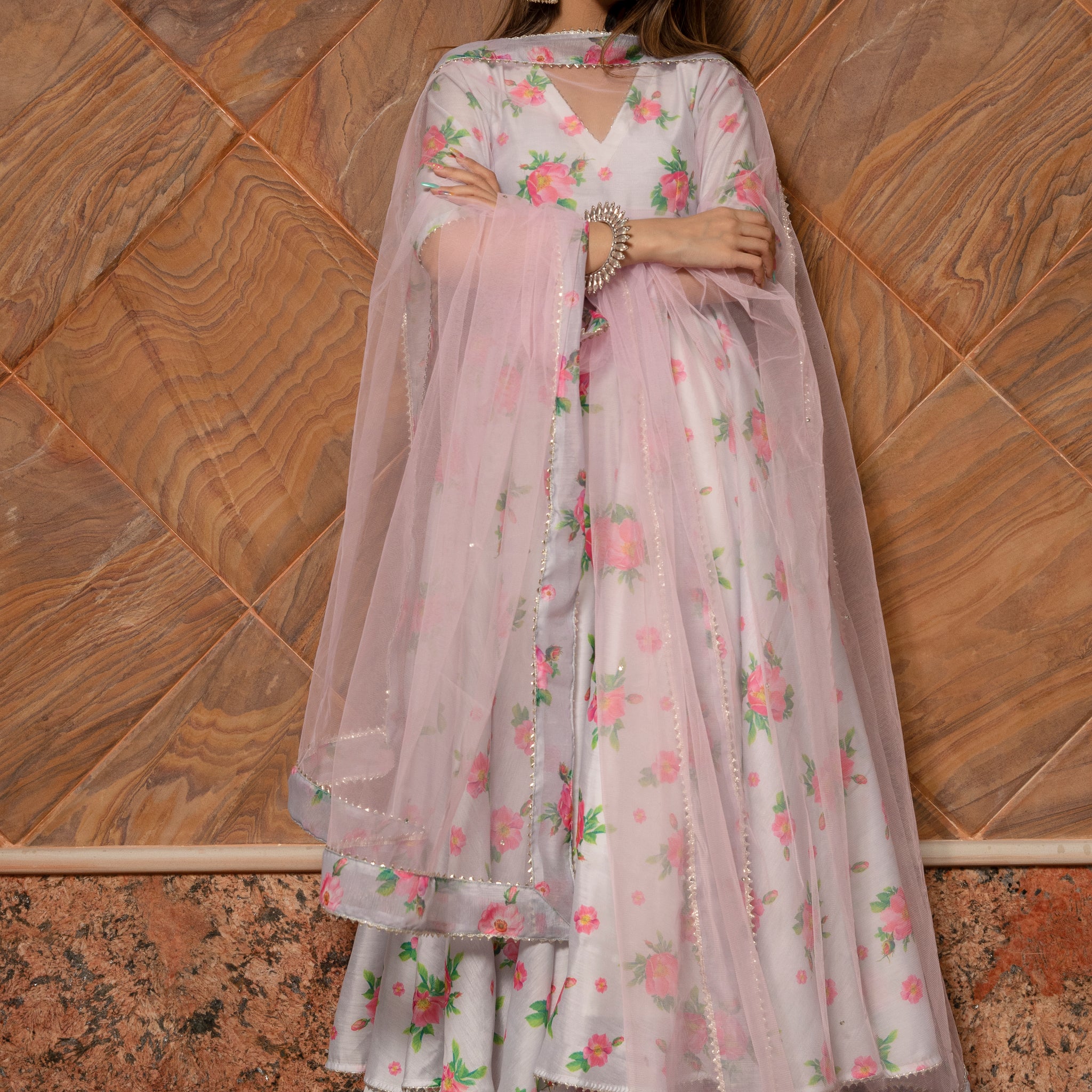 Pomcha Jaipur'S Flamingo Chandheri Anarkali  Set- Rent