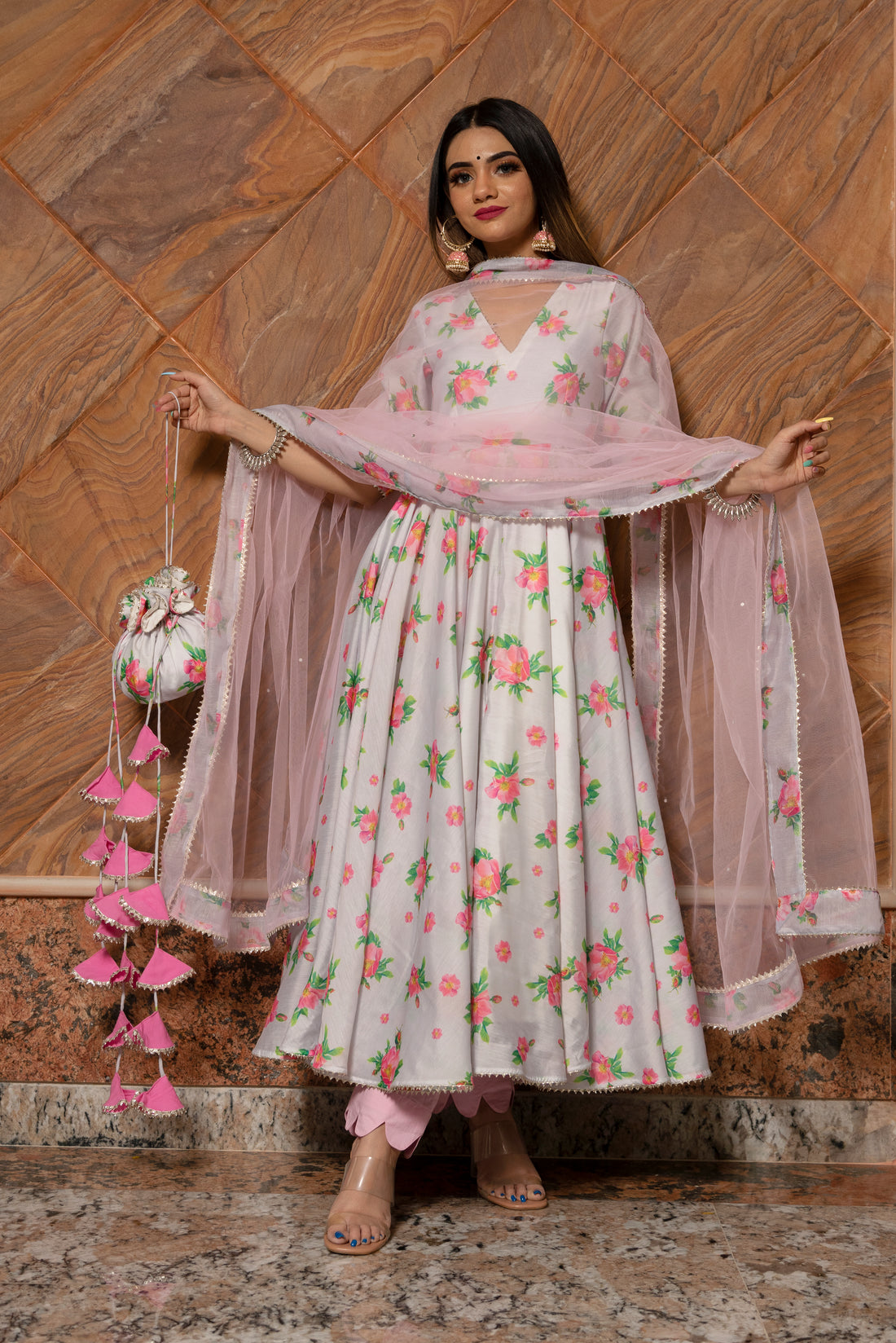 Pomcha Jaipur'S Flamingo Chandheri Anarkali  Set- Rent