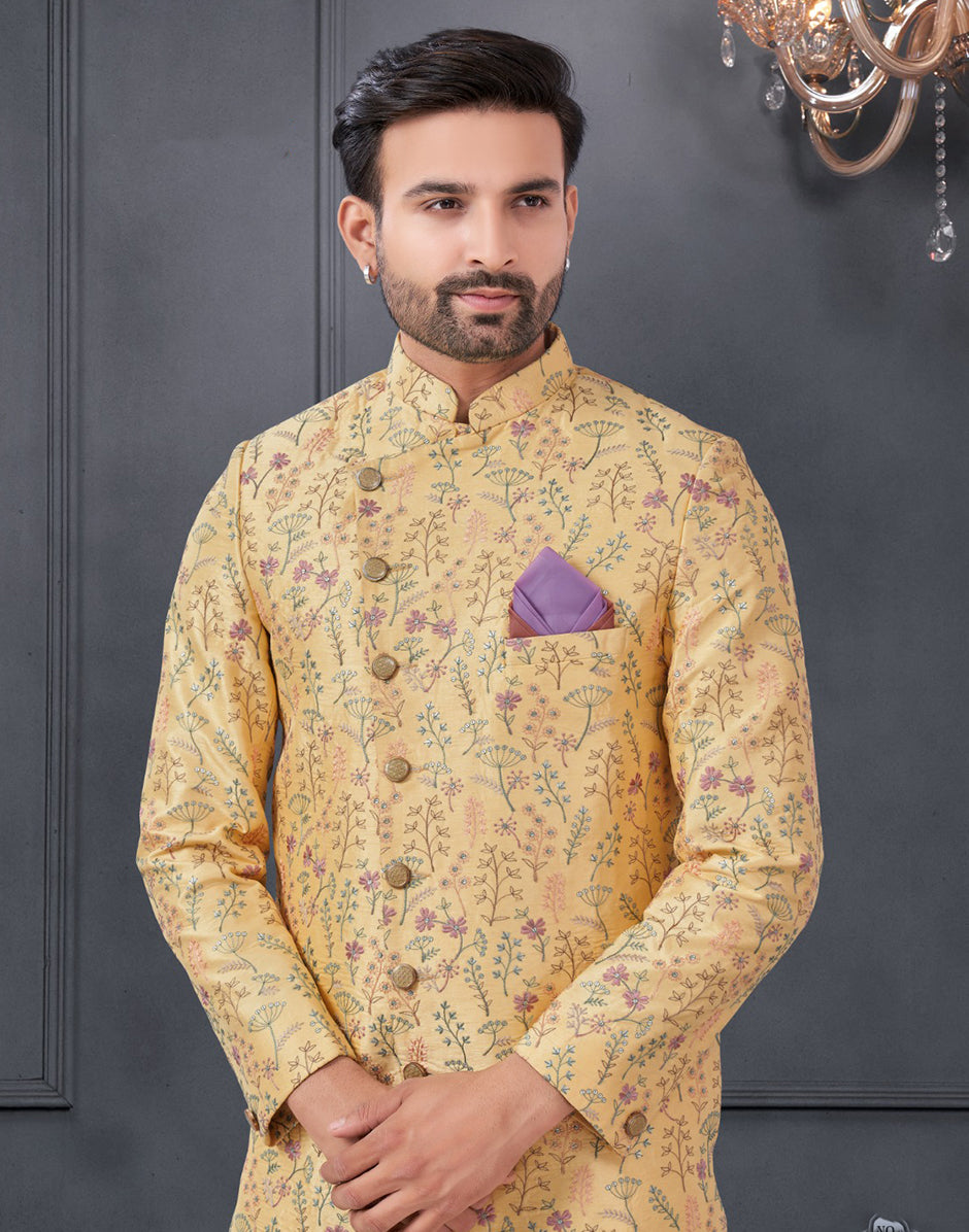 Elegant Cream Pure Silk Embroidered Indowestern Kurta Pyjama Set