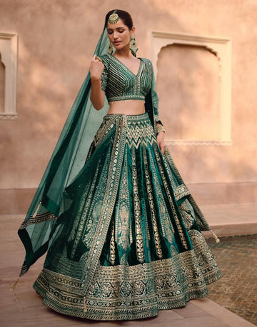 Elegant Dark Green Lehenga with Handworked Blouse & Tail-Cut Full-Length Dupatta