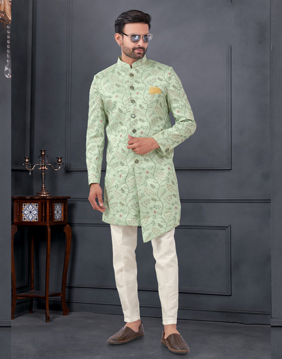 Elegant Green Pure Silk Embroidered Indowestern Kurta Pyjama