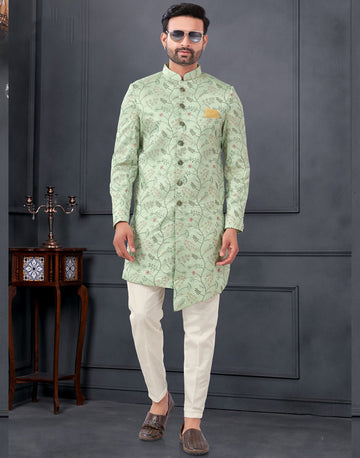 Elegant Green Pure Silk Embroidered Indowestern Kurta Pyjama