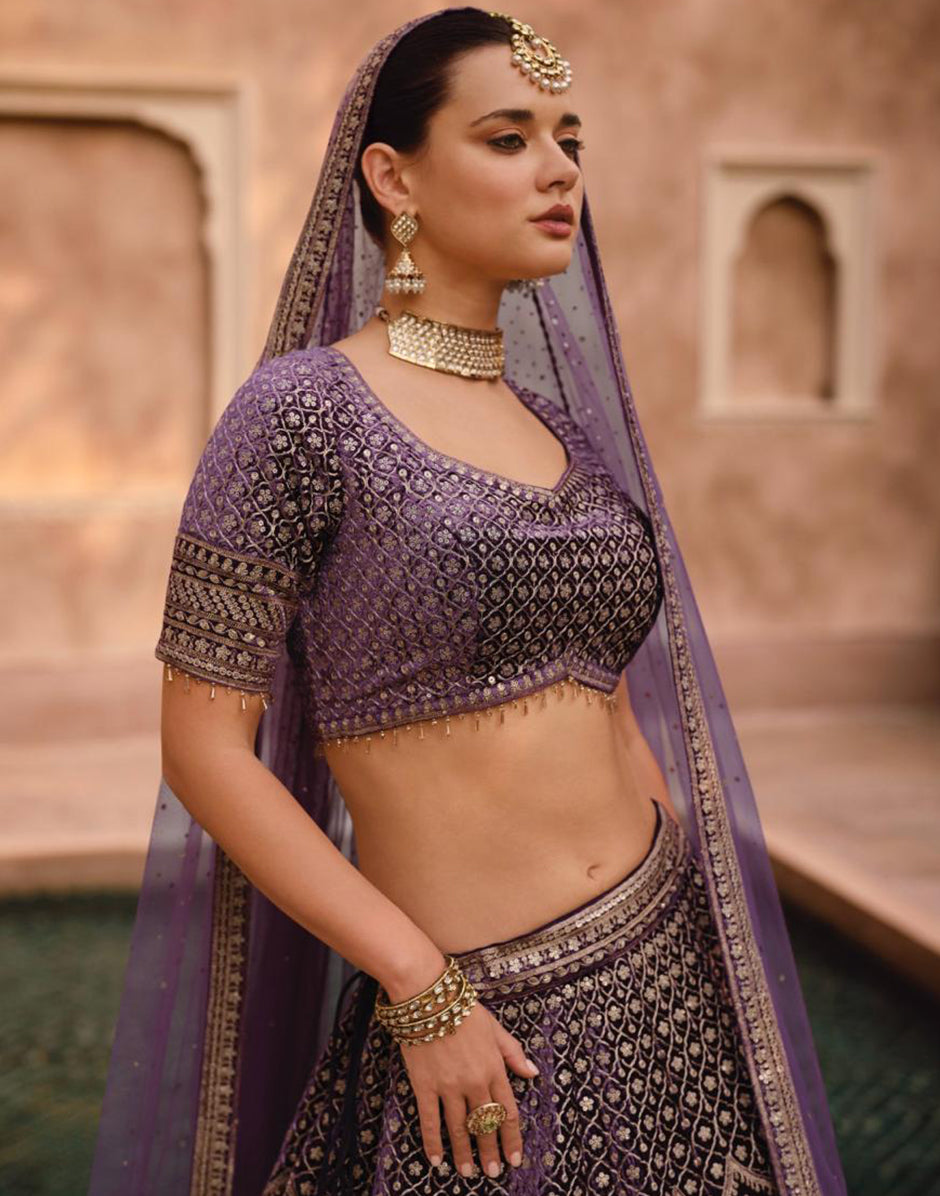 Exquisite Purple Lehenga with Handworked Blouse & Tail-Cut Full-Length Dupatta