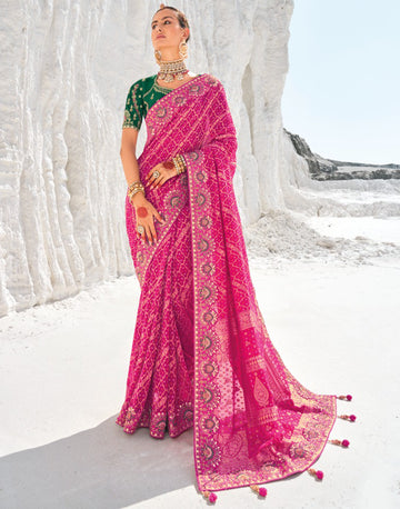 Graceful Pink Pure Georgette Bandani Patola Saree with Zari Weaving & Elegant Heavy Work