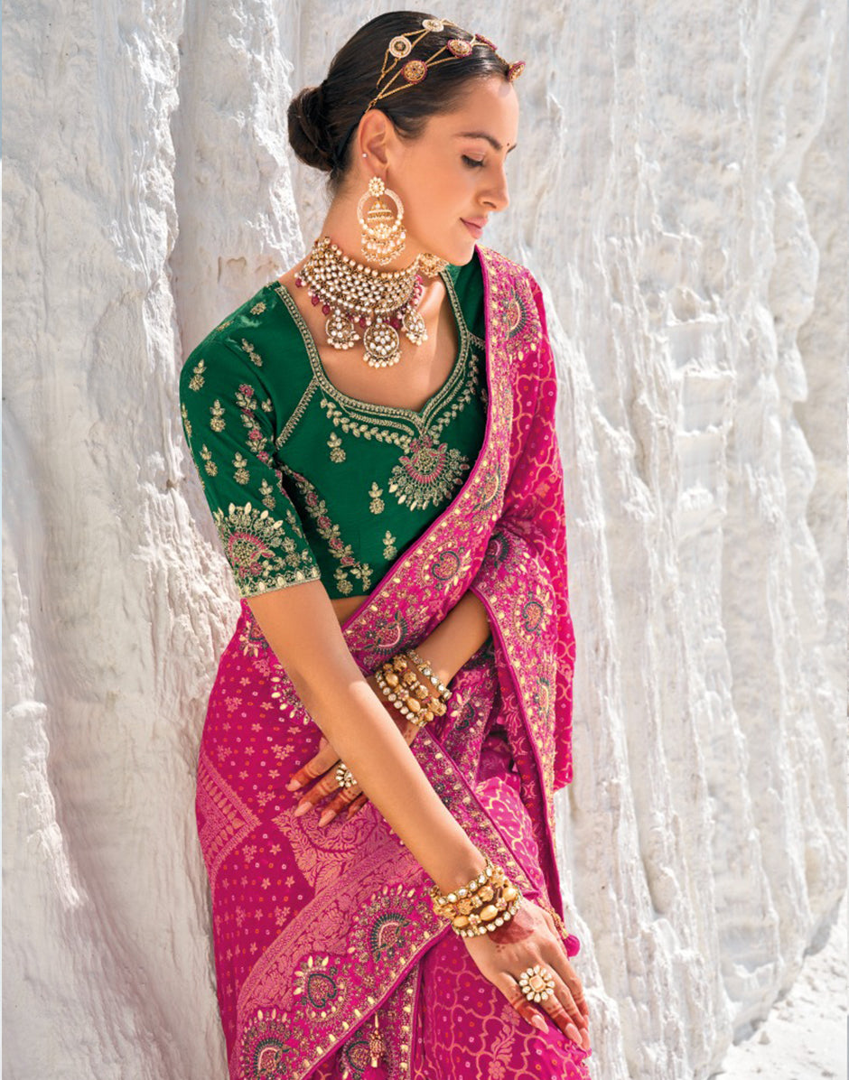 Graceful Pink Pure Georgette Bandani Patola Saree with Zari Weaving & Elegant Heavy Work