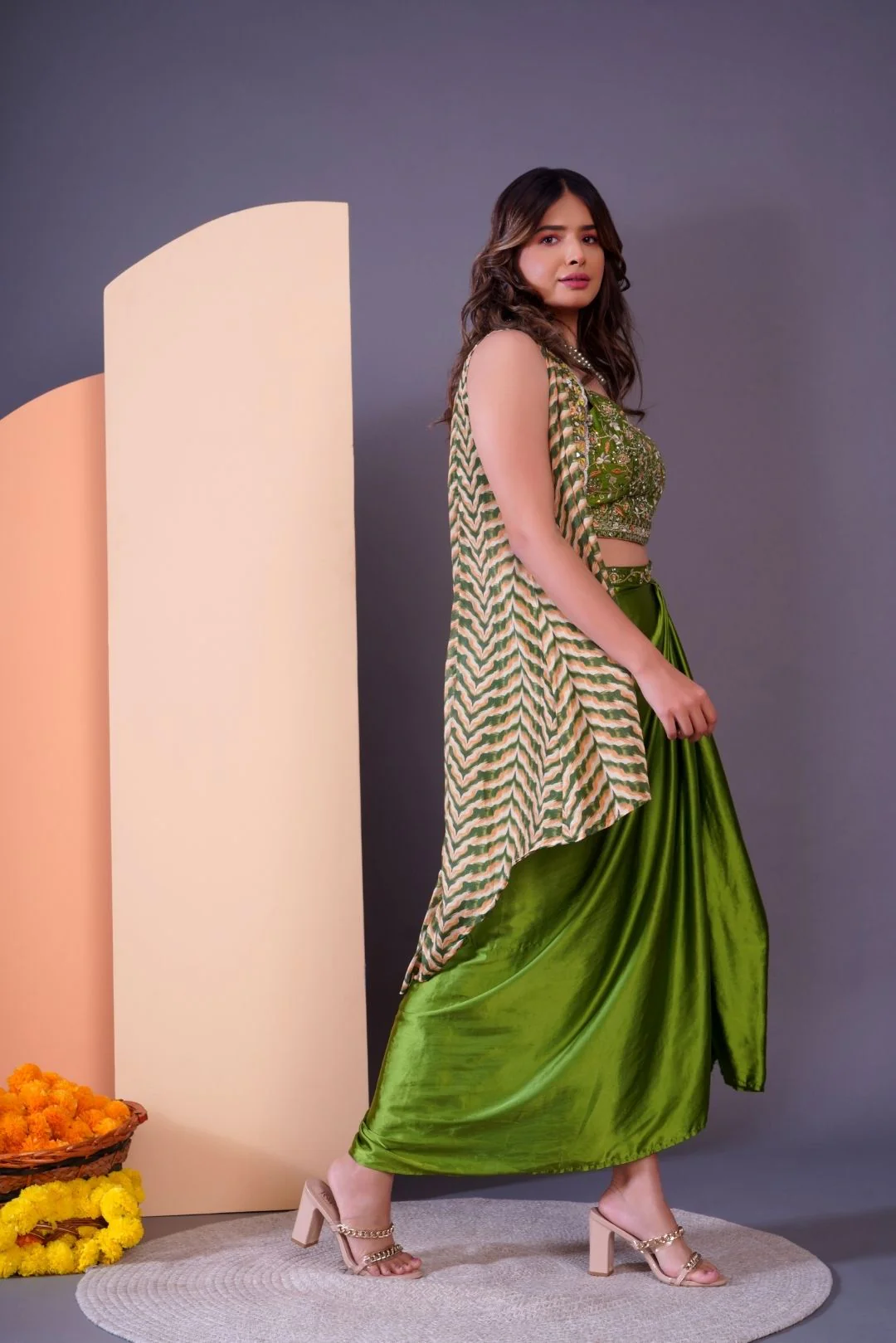 Green Embroidered Dhoti-Style Skirt with Shrug-Rent