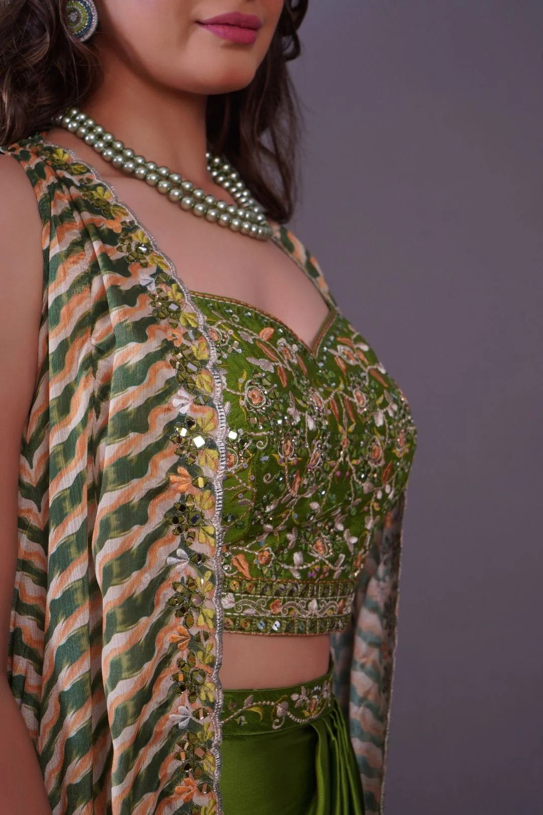 Green Embroidered Dhoti-Style Skirt with Shrug-Rent_2