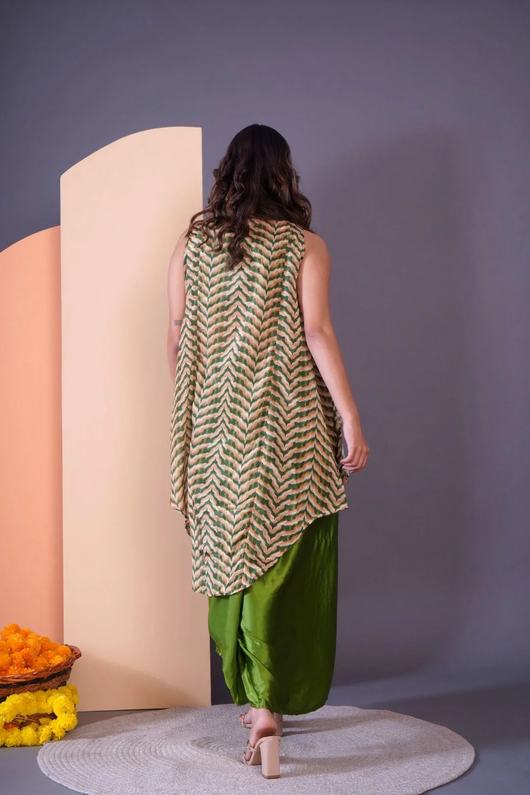 Green Embroidered Dhoti-Style Skirt with Shrug-Rent_3