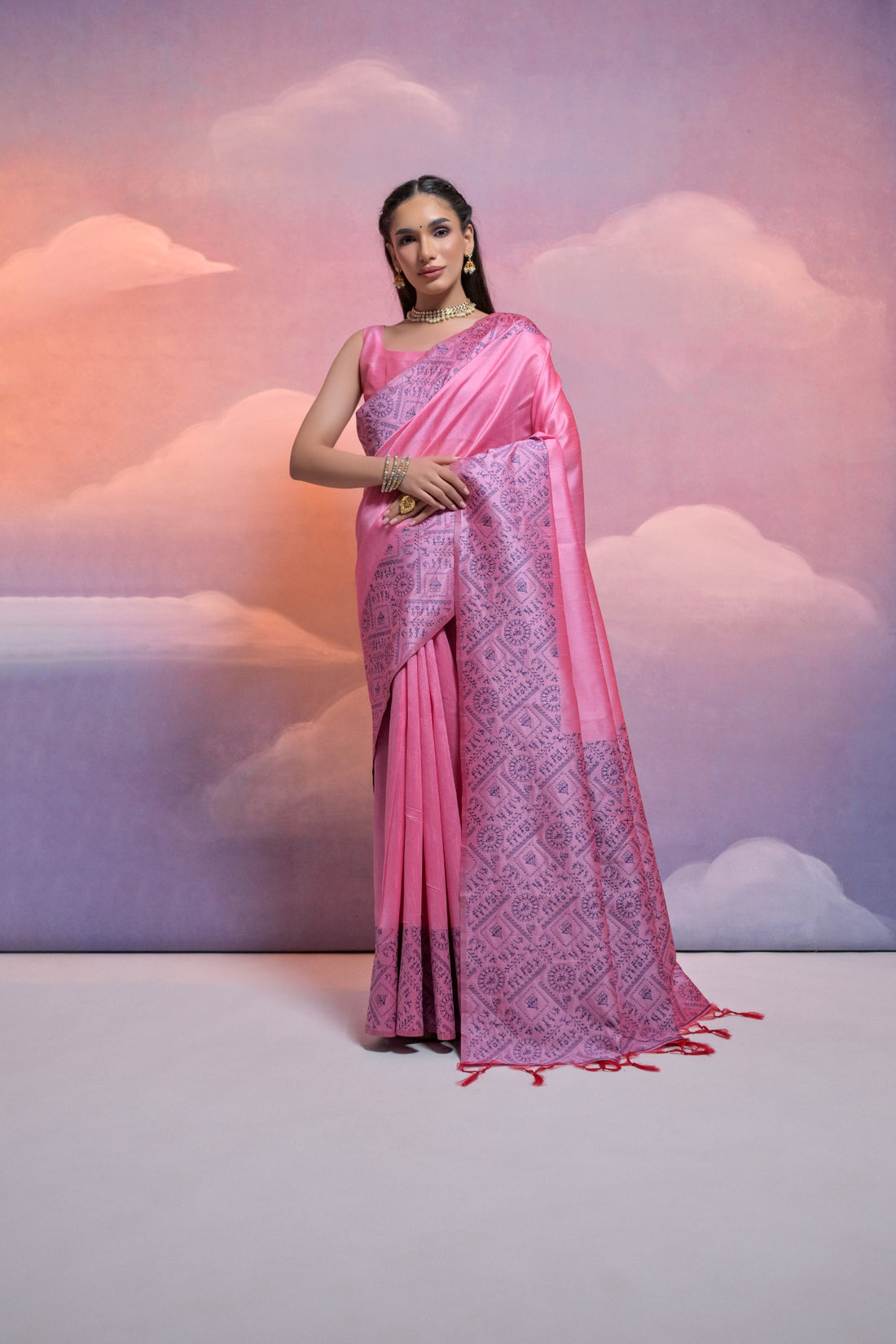 Handloom Raw Silk Saree with Contrast Woven Border & Intricate Butti Weaves