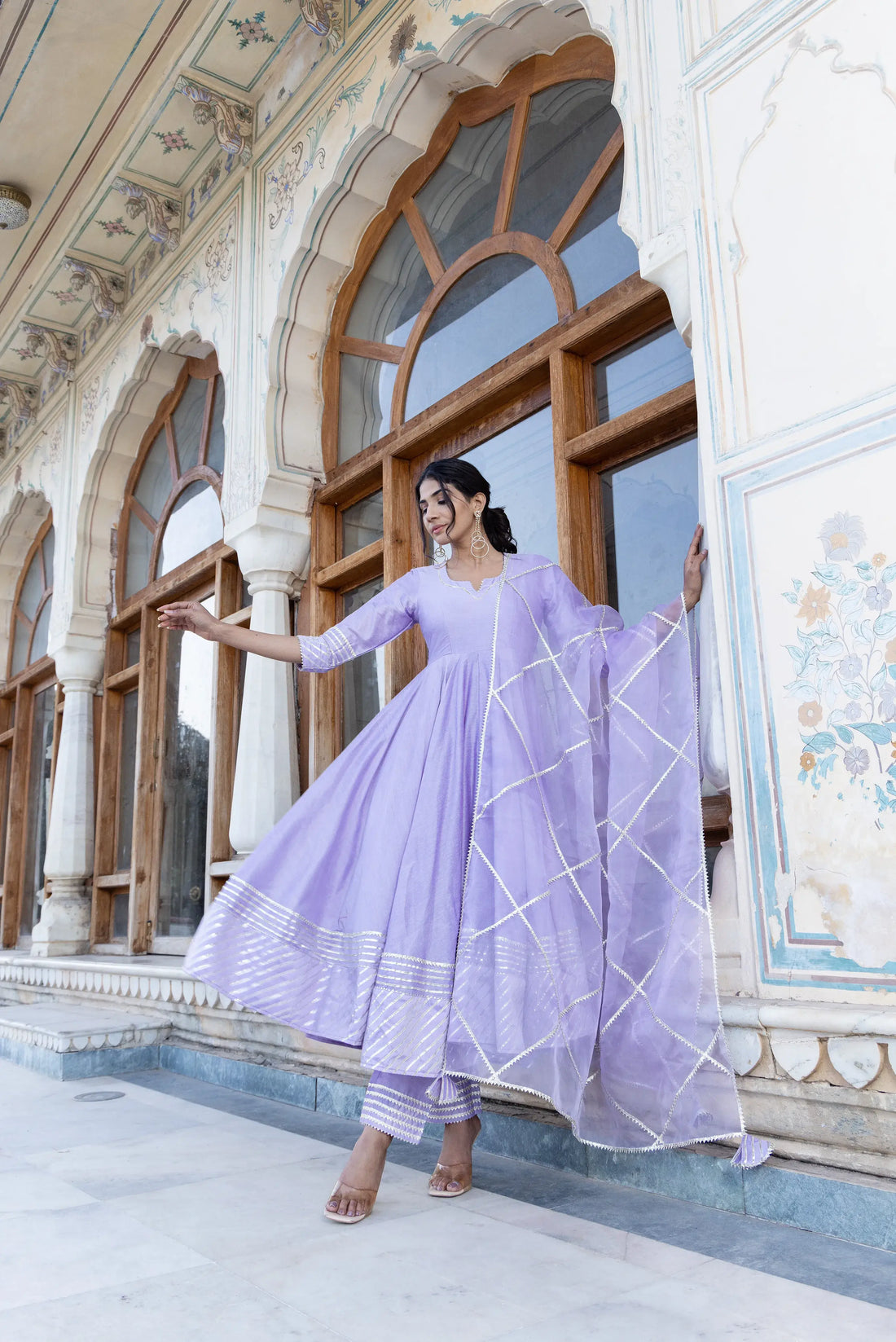 POMCHA JAIPUR'S LILAC GOTTA JAAL ANARKALI SET - RENT