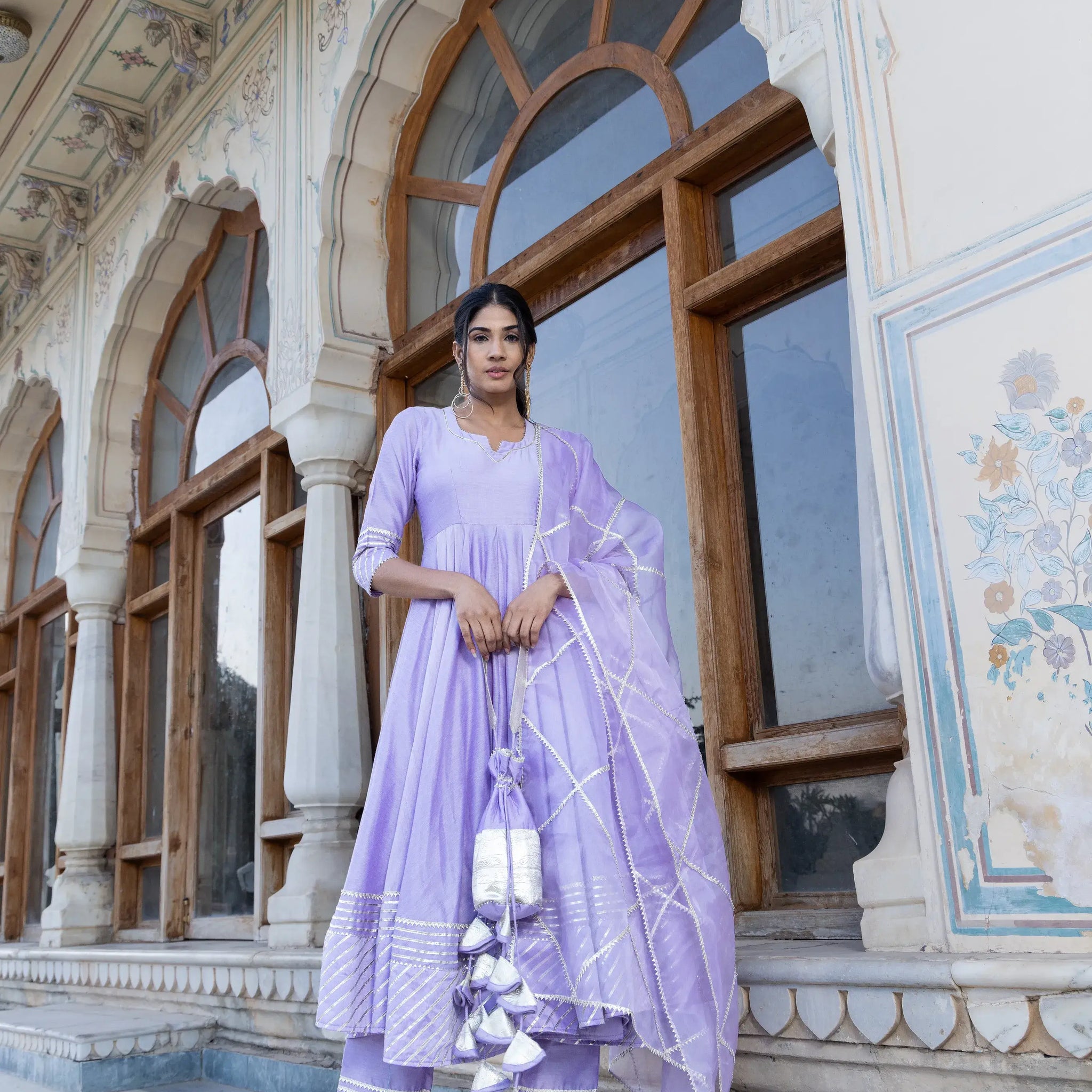 POMCHA JAIPUR'S LILAC GOTTA JAAL ANARKALI SET - RENT