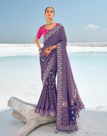 Luxurious Violet Pure Georgette Bandani Patola Saree with Zari Weaving & Stunning Heavy Work