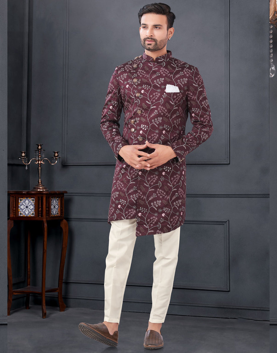 Luxurious Wine Floral Print Pure Silk Embroidered Indowestern Kurta Pyjama Set