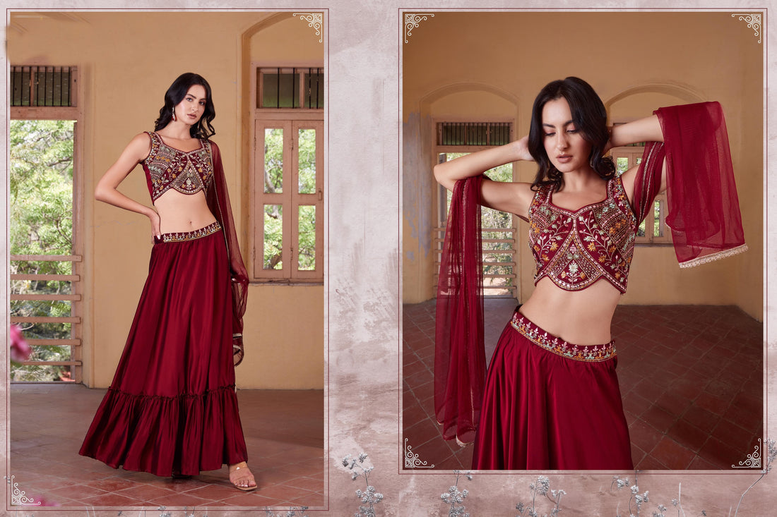 Maroon Embroidered Lehenga Choli - Rent