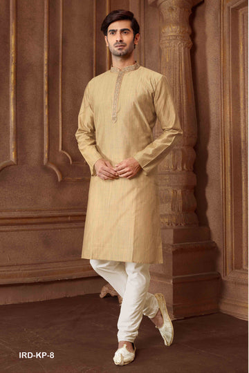 Men Beige Polycotton Blend Striped Kurta Pyjama