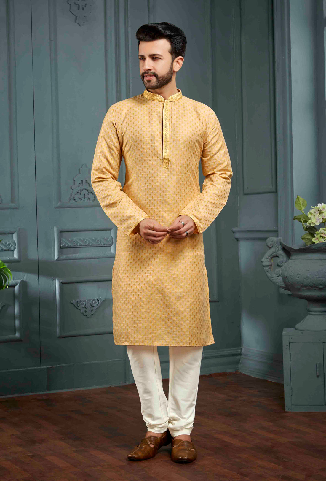 Men Beige Self Design Jacquard Kurta Pyjama