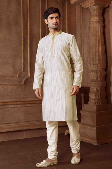 Men Cream Polycotton Blend Striped Kurta Pyjama