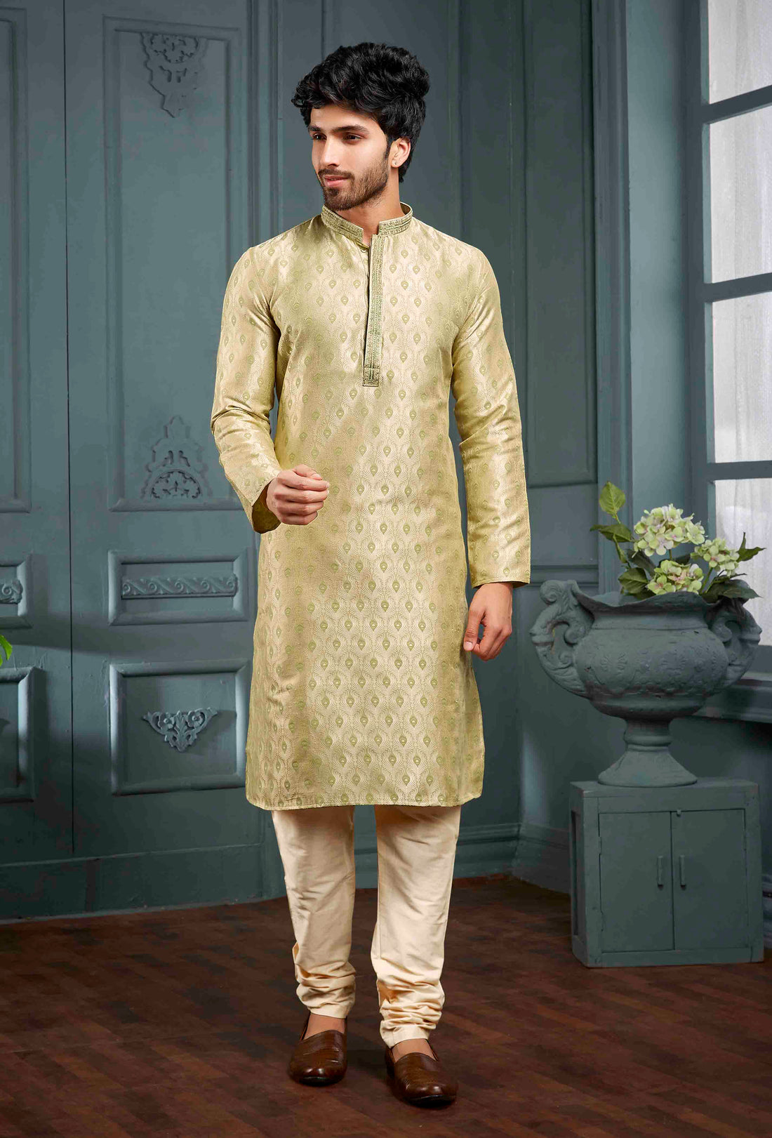 Men Golden Self Design Jacquard Kurta Pyjama